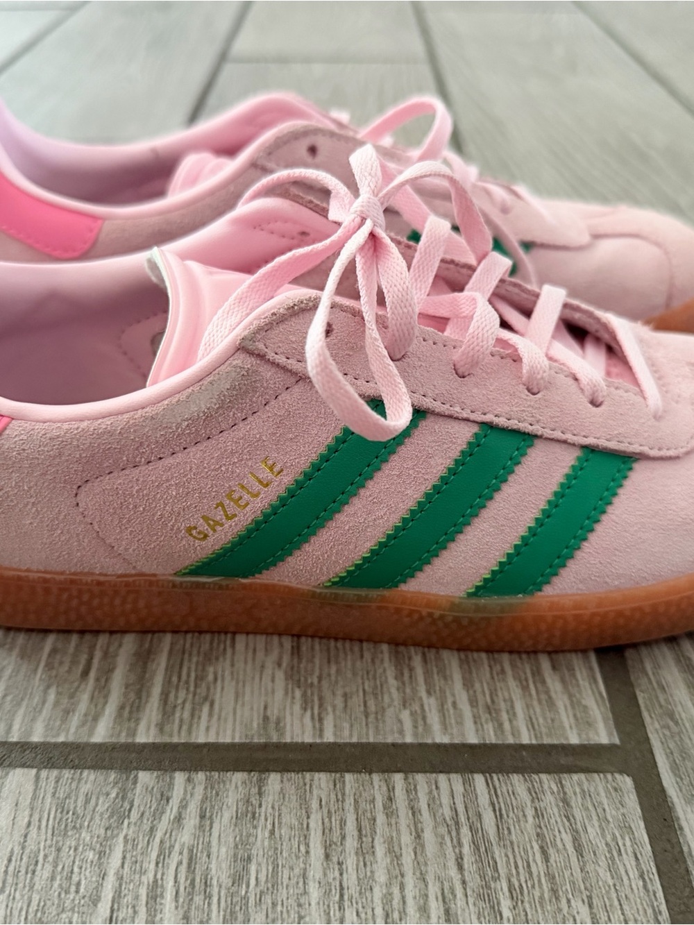 adidas Kids Pink Suede Sneakers with Green Stripes